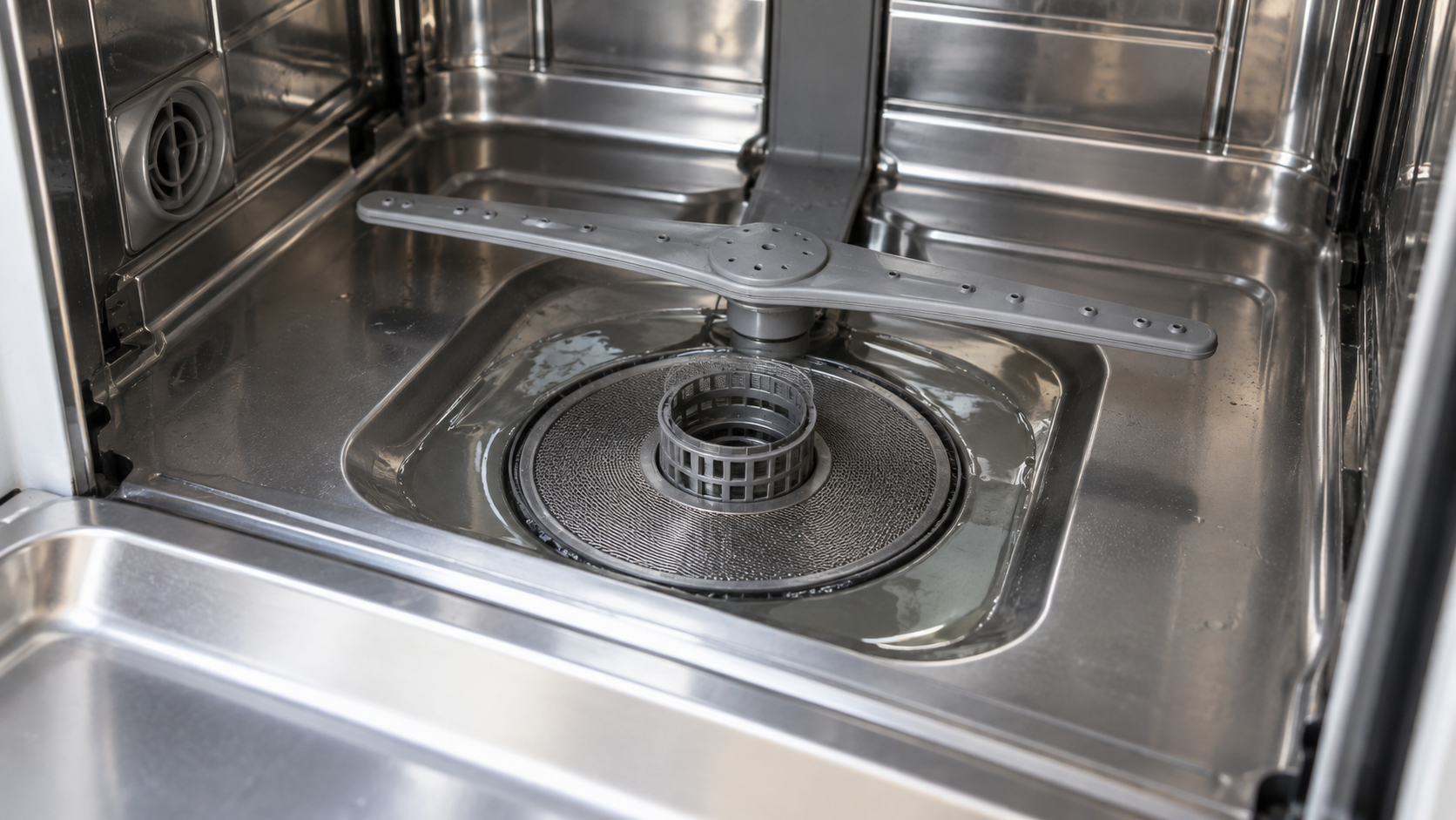 Dettaglio del fondo in acciaio di una lavastoviglie aperta con acqua visibile attorno all’area del filtro